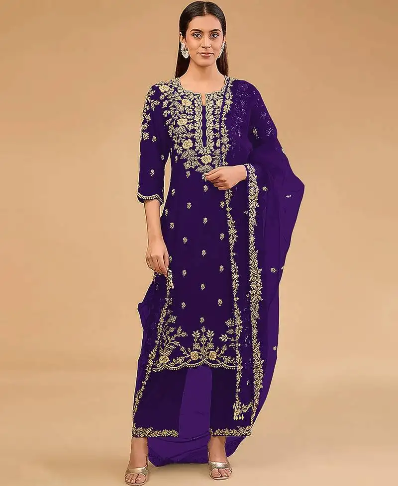 Simple and sober purple vichitra silk suit for women semi stitched