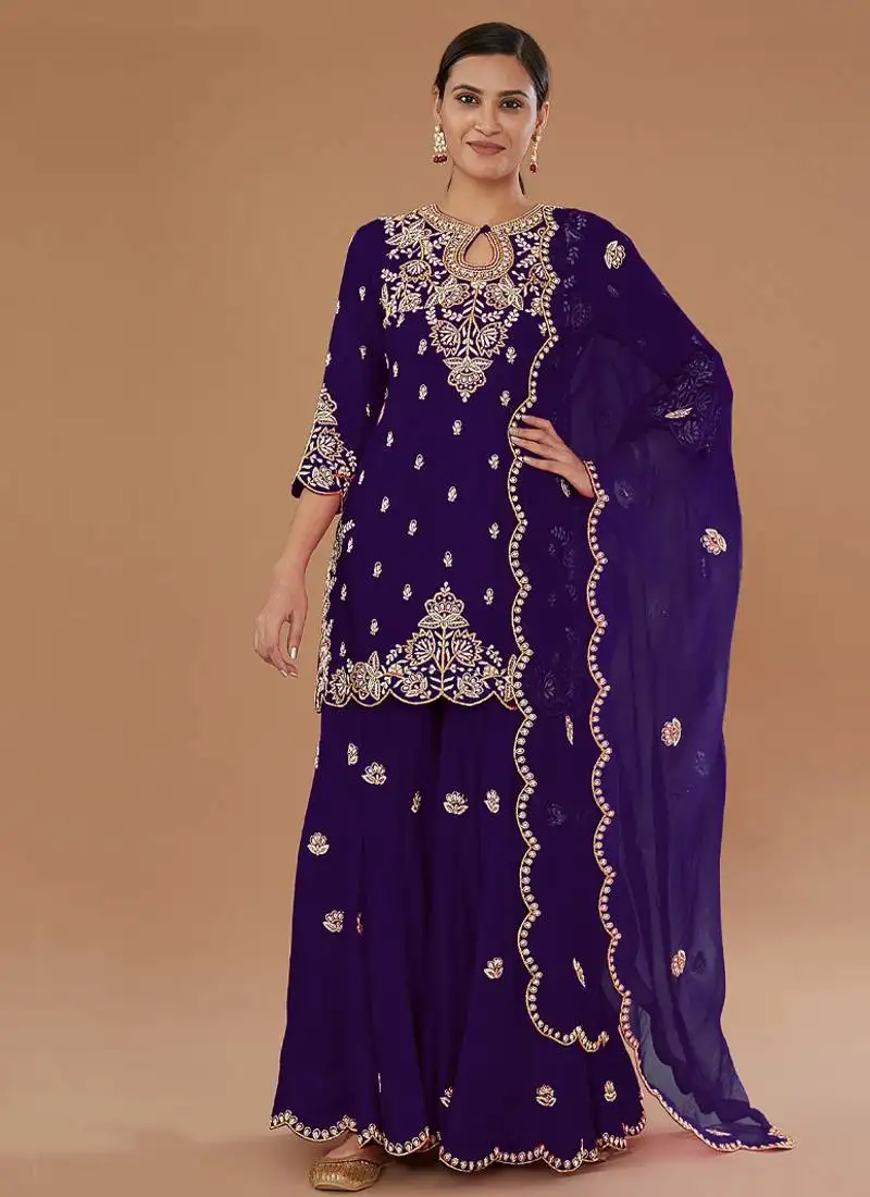 Purple vichitra silk based designer palazzo suit for women semi stitched
