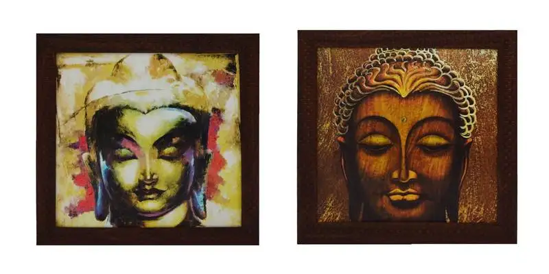Set of 2 meditating buddha satin matt texture uv art painting