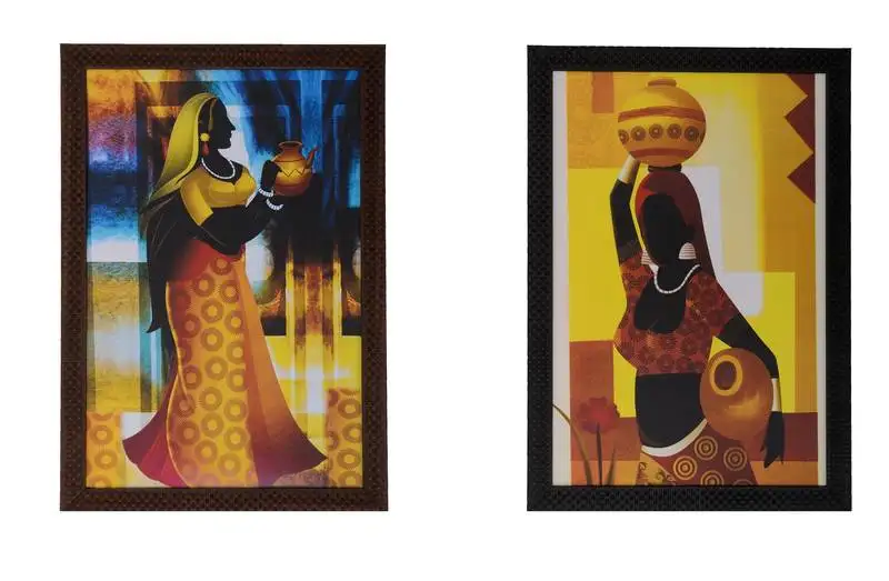 Set of 2 village lady satin matt texture uv art painting