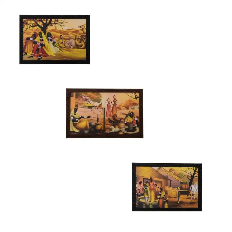 Set of 3 village scene satin matt texture uv art painting
