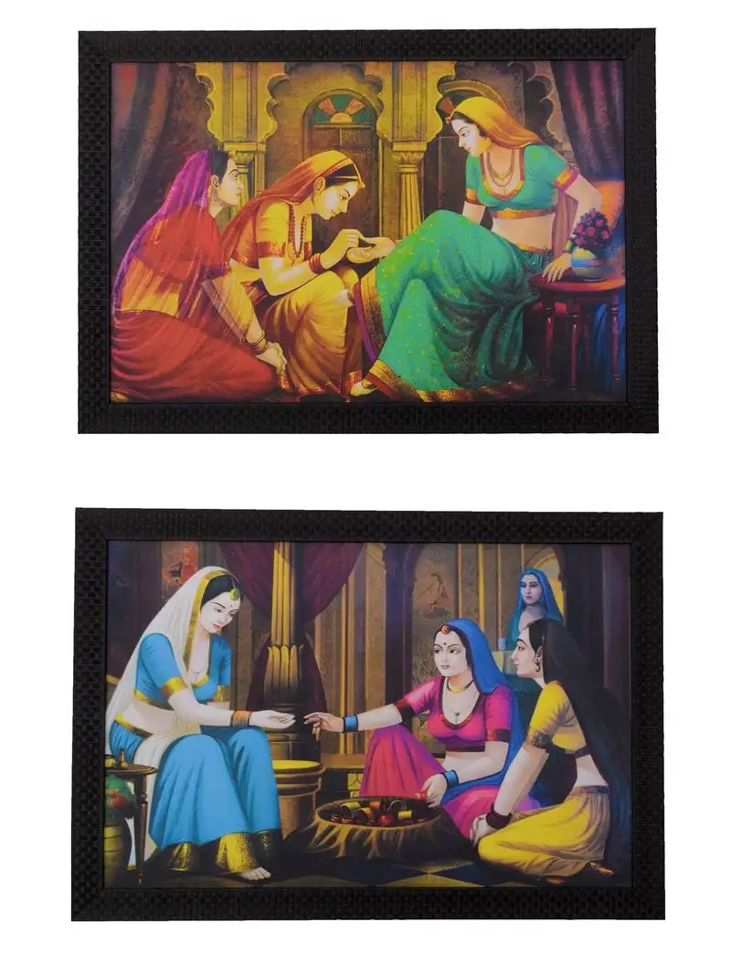 Set of 2 village scene satin matt texture uv art painting