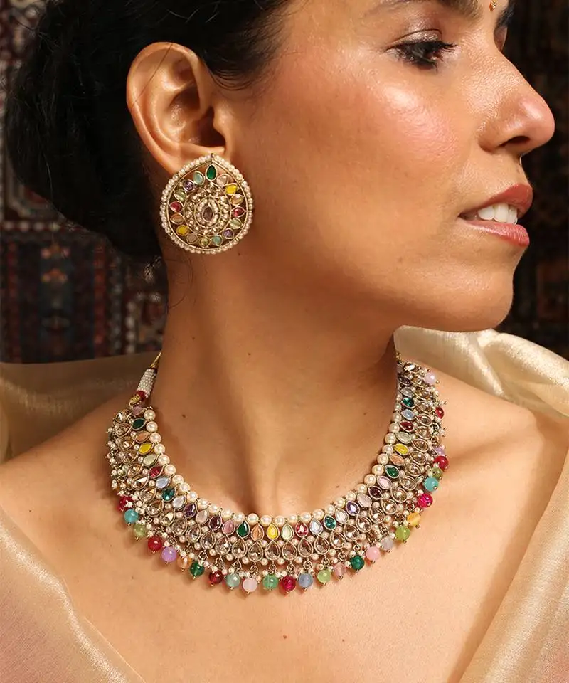 Vibrant multicolor stone choker set with kundan work