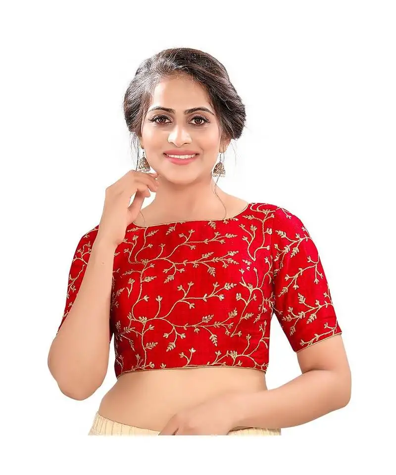 Red mulburry silk padded high neck blouse