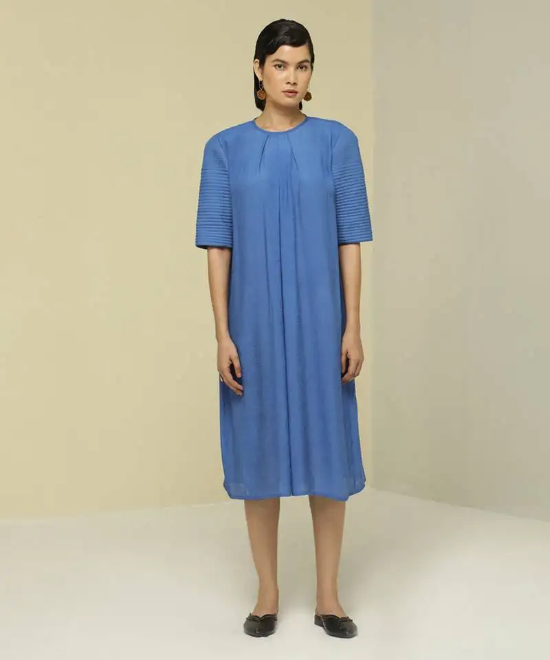 Blue plain linen maxi dress