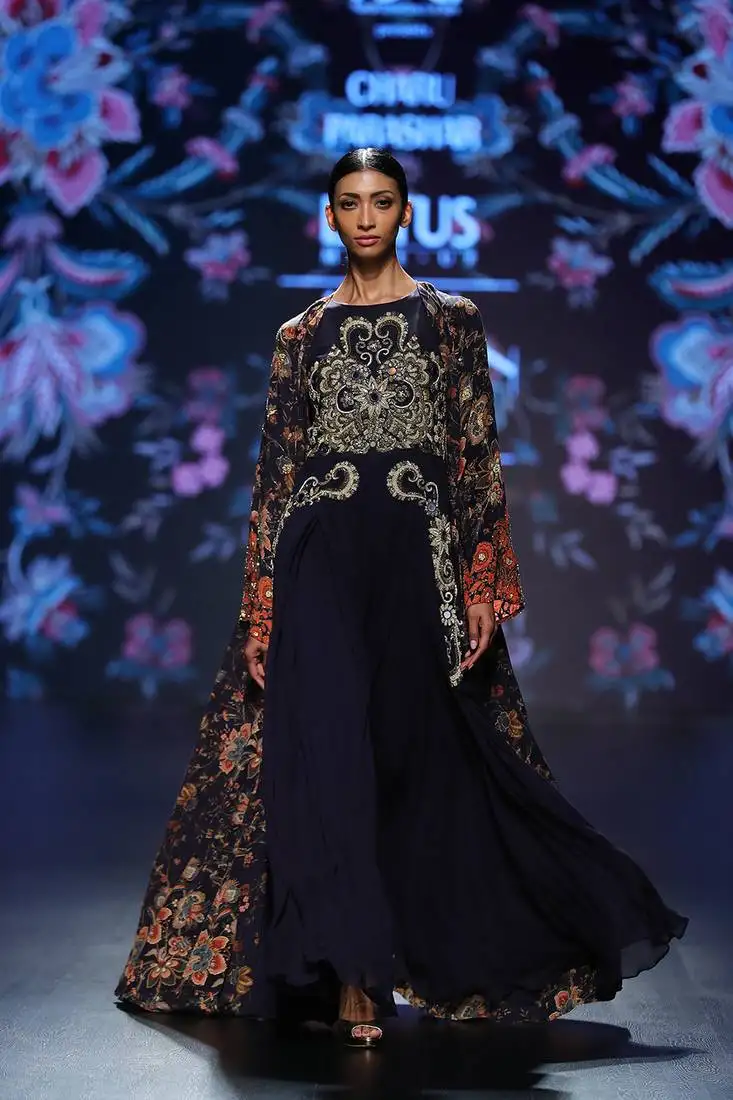 Navy blue printed long front open cape with hand embellished dhoti style dress