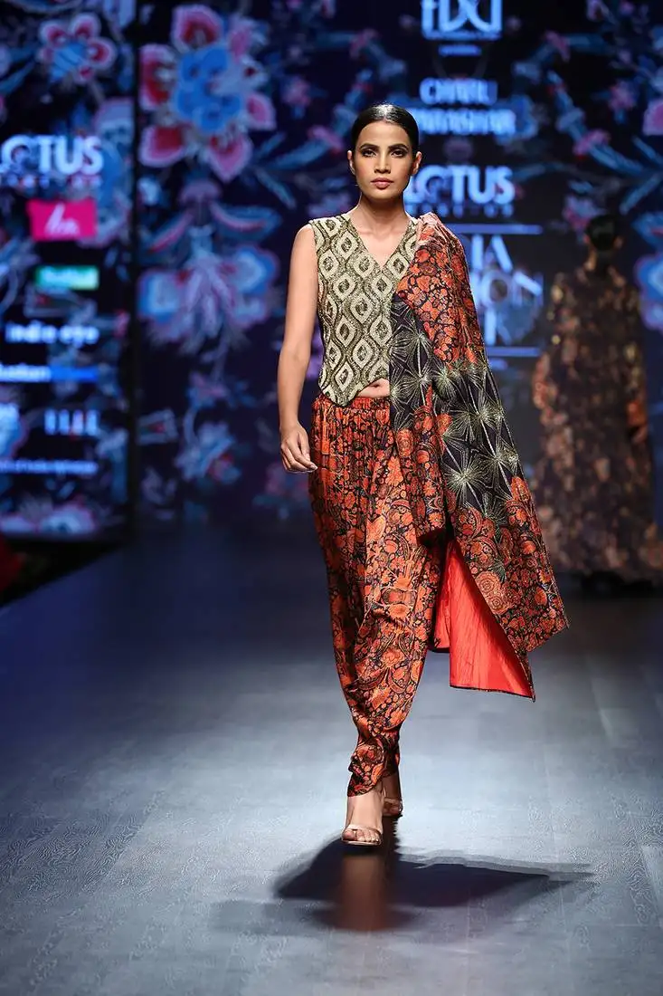 Navy blue printed front open jacket with hand embellished top and printed dhoti