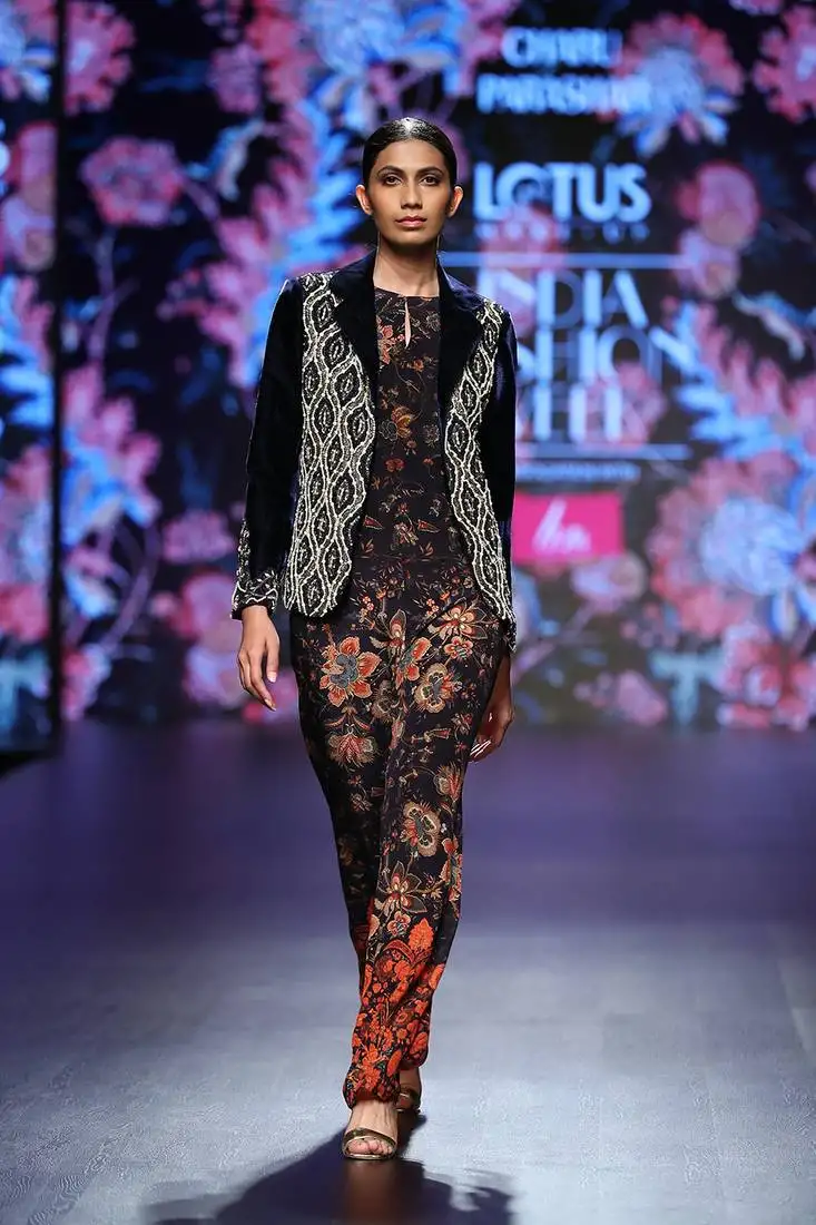 navy blue printed jumpsuit and hand embellished jacket