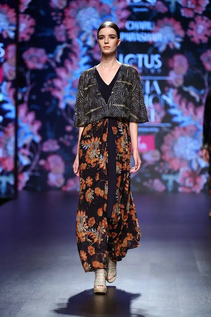 Navy blue printed gown with hand embellished top