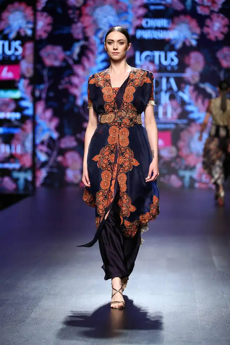 Charu parashar navy blue printed cape printed dress