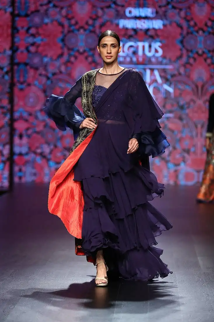 Navy blue hand embellished jacket style net handwork blouse and flare dress