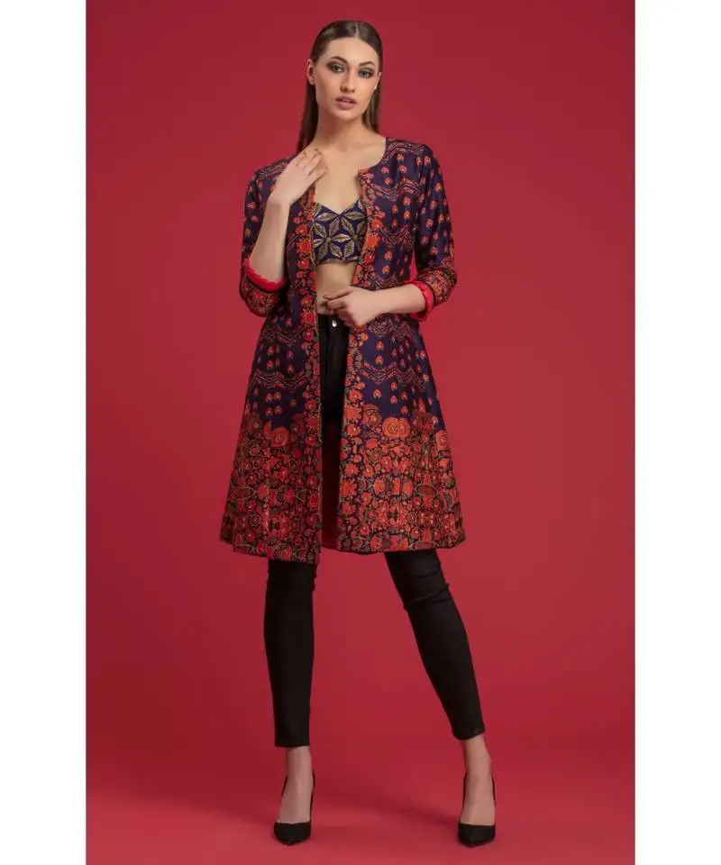 navy blue printed jacket with blouse