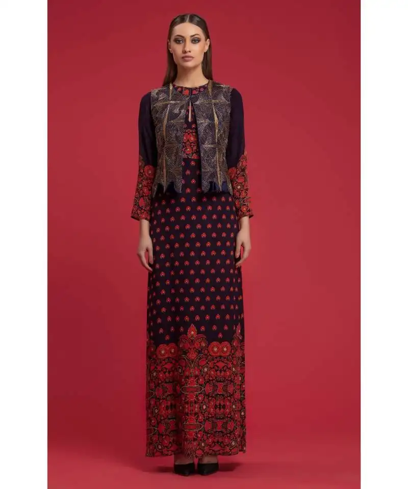 Navy hand embellished jacket with printed dress