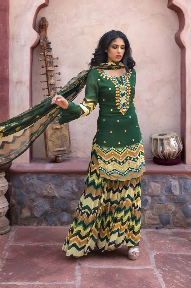 Green printed kurta with printed sharara and dupatta