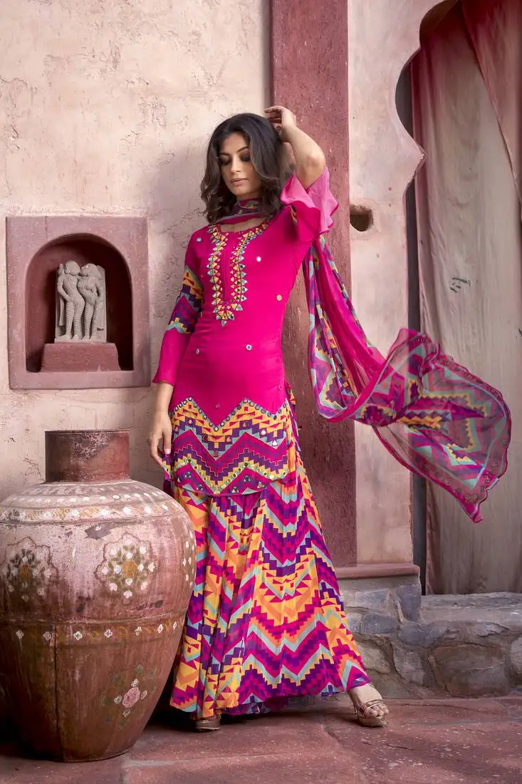 Indian pink printed flare sleeve kurta with printed sharara and dupatta