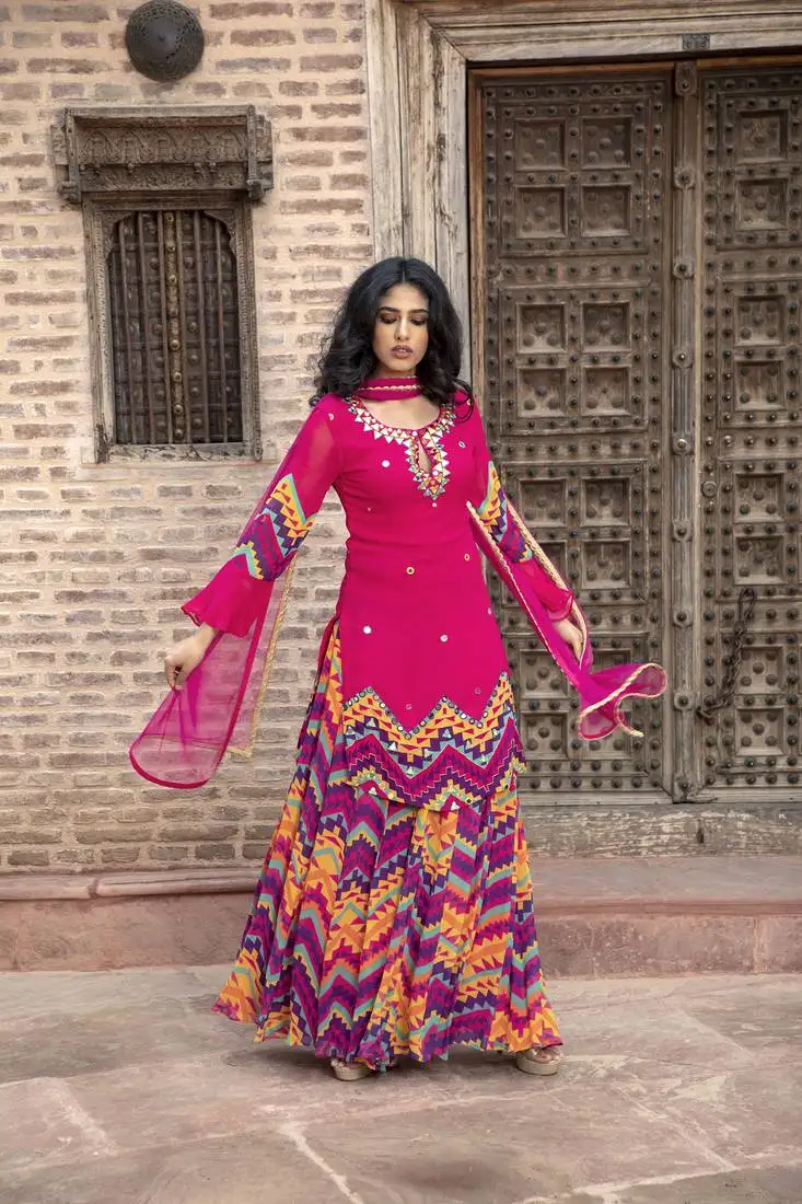 indian pink printed kurta with printed sharara and dupatta