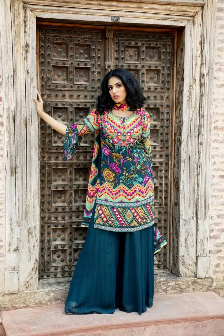 Teal printed kurta with sharara and dupatta