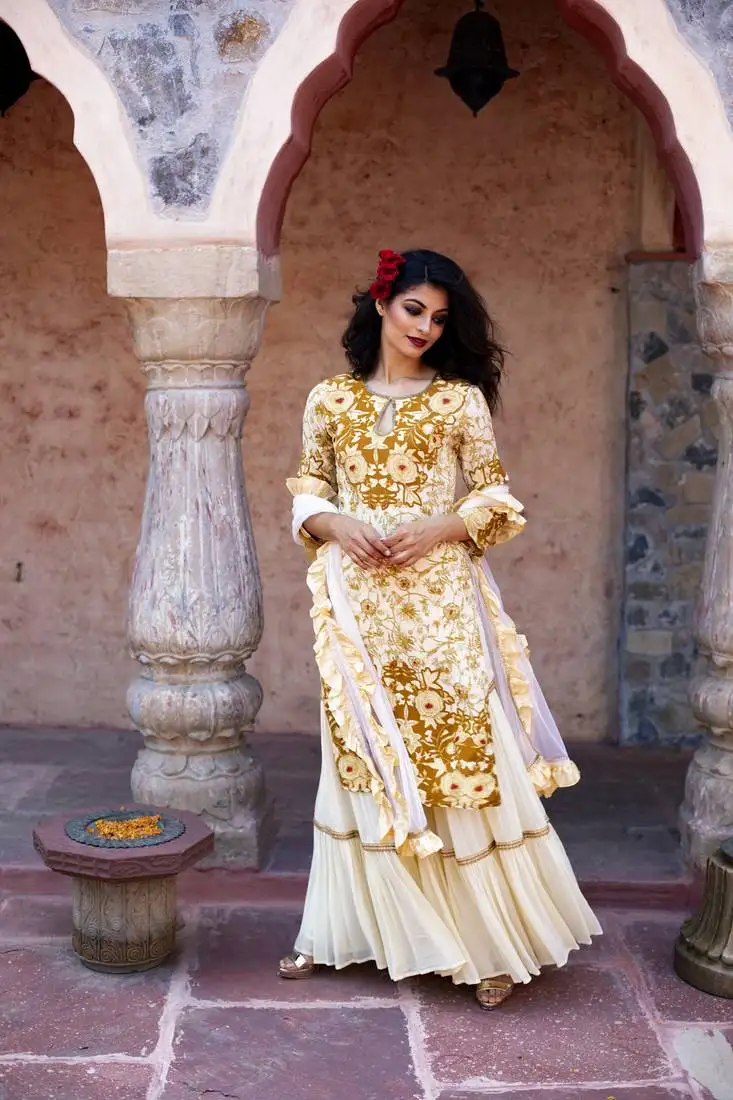 Cream brown printed kurta with sharara and dupatta