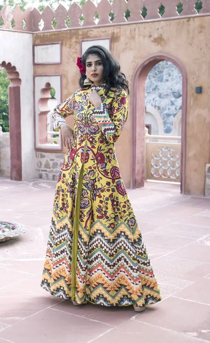 Yellow printed front open long jacket with sharara