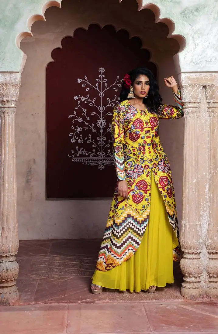 Yellow printed u shape front open cape with sharara