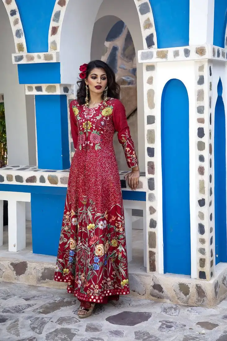 red printed long jacket with sharara set