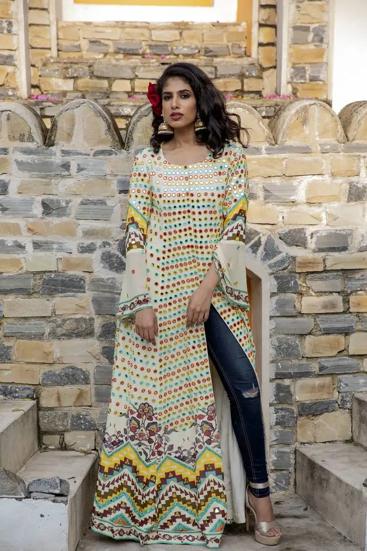 cream printed front open long jacket