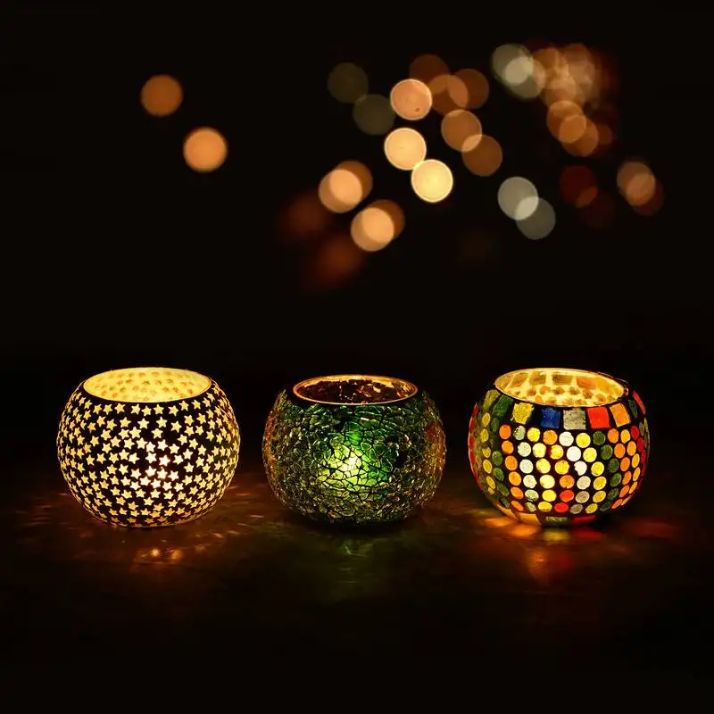 Set of 3 mosiac glass decorative tea light holder::Diya