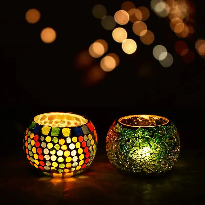 Set of 2 mosiac glass decorative tea light holder::Diya