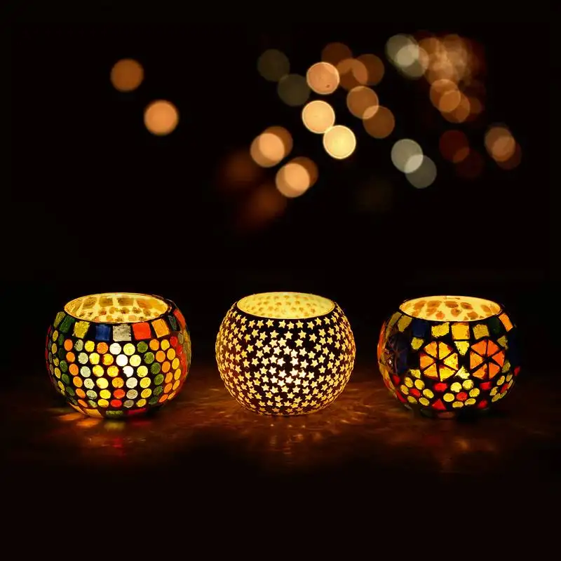Set of 3 mosiac glass decorative tea light holder