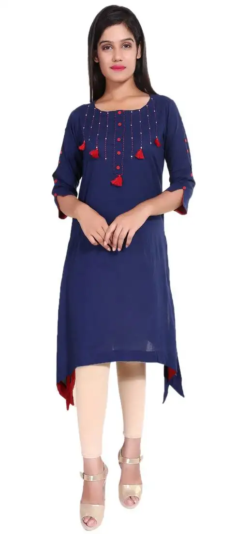 Women's cotton straight asymmetric kurta (navy blue)