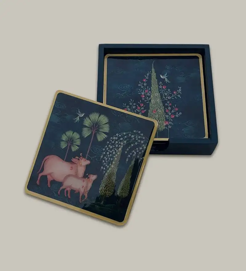 Pichwai wooden coasters set of 6 with stand