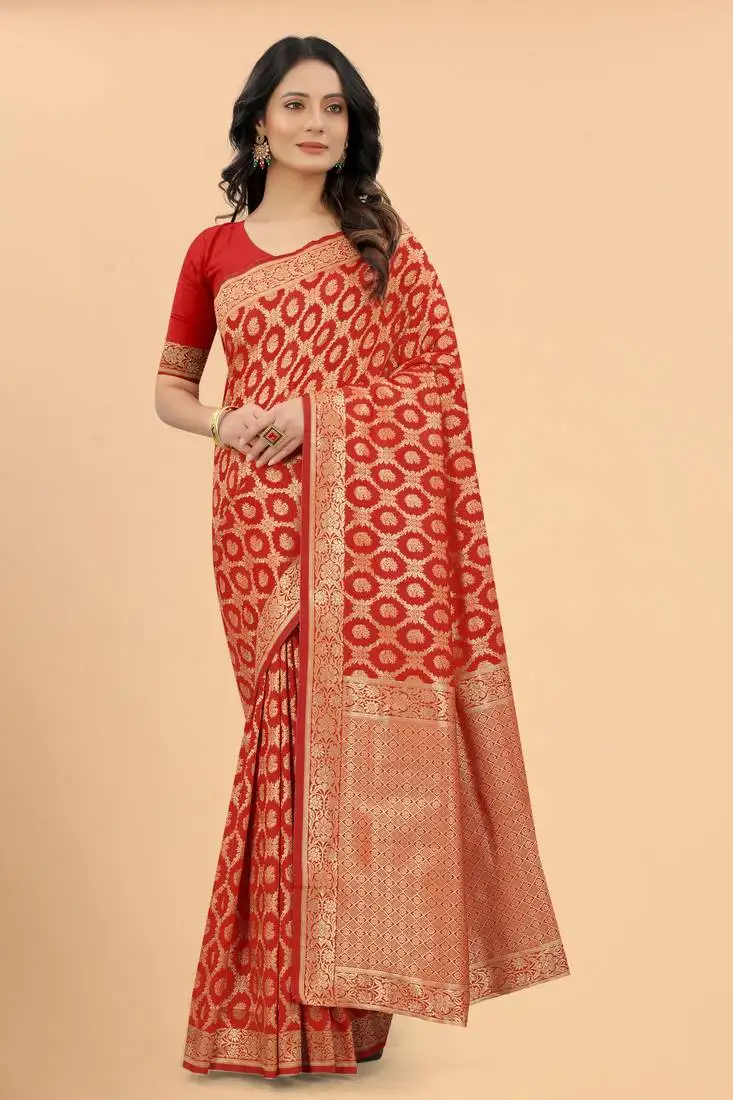 Red banarasi style silk blend classic border & pallu zari threads work saree with blouse