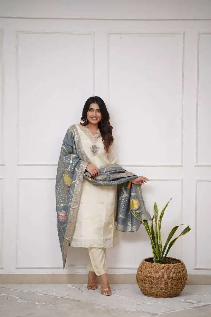 Off white beige viscose chanderi embroidered kurti pant & dupatta set