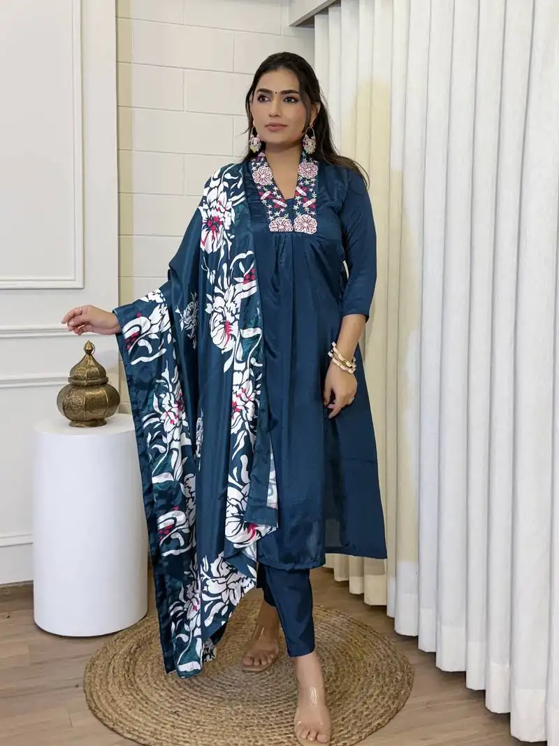 Teal teal embroidered chinnon kurti with pant & dupatta set