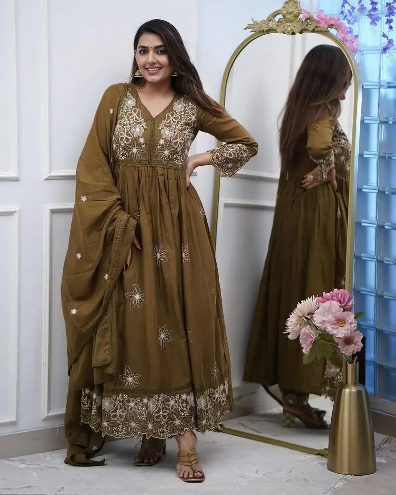 Brown cotton silk heavy embroidered gown set with bottom & dupatta