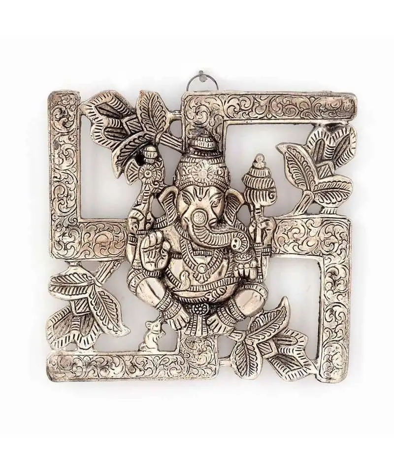 Gunnu sales wall decor ganesha hanging - white metal with swastik pattern, 13 x 9 cm