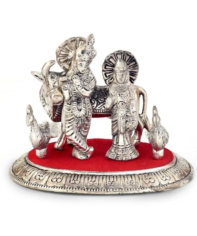 White metal lord radha krishna idol with cow 315