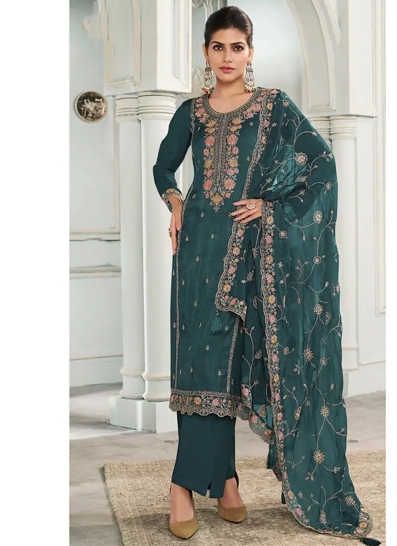 Latest munda silk teal straight suit for women wear semi stitched
