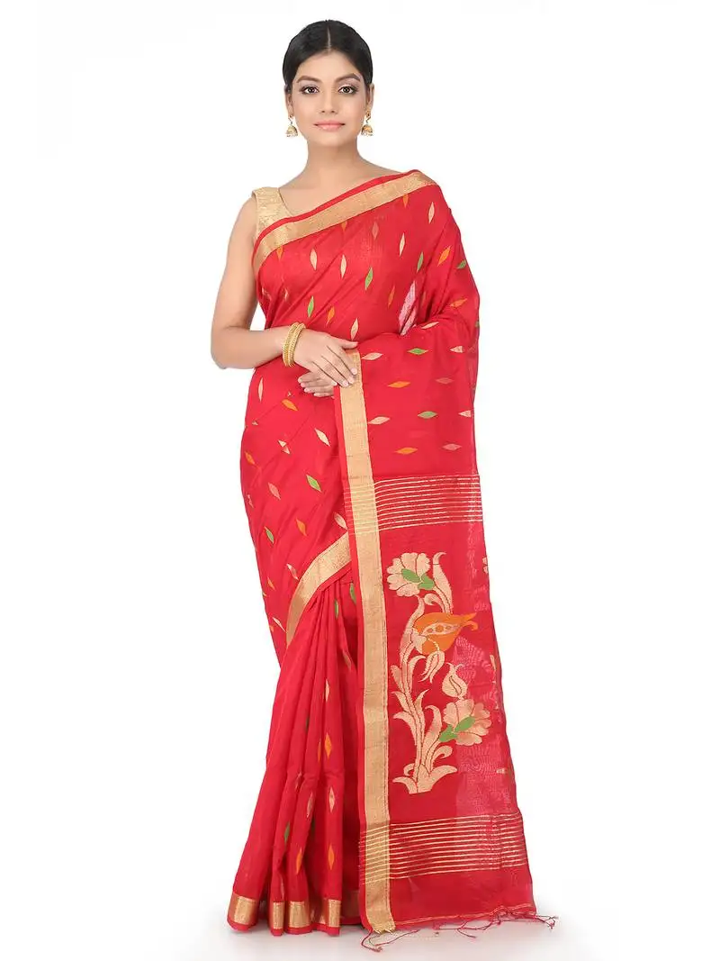 Red handwoven cotton silk jamdani with blouse