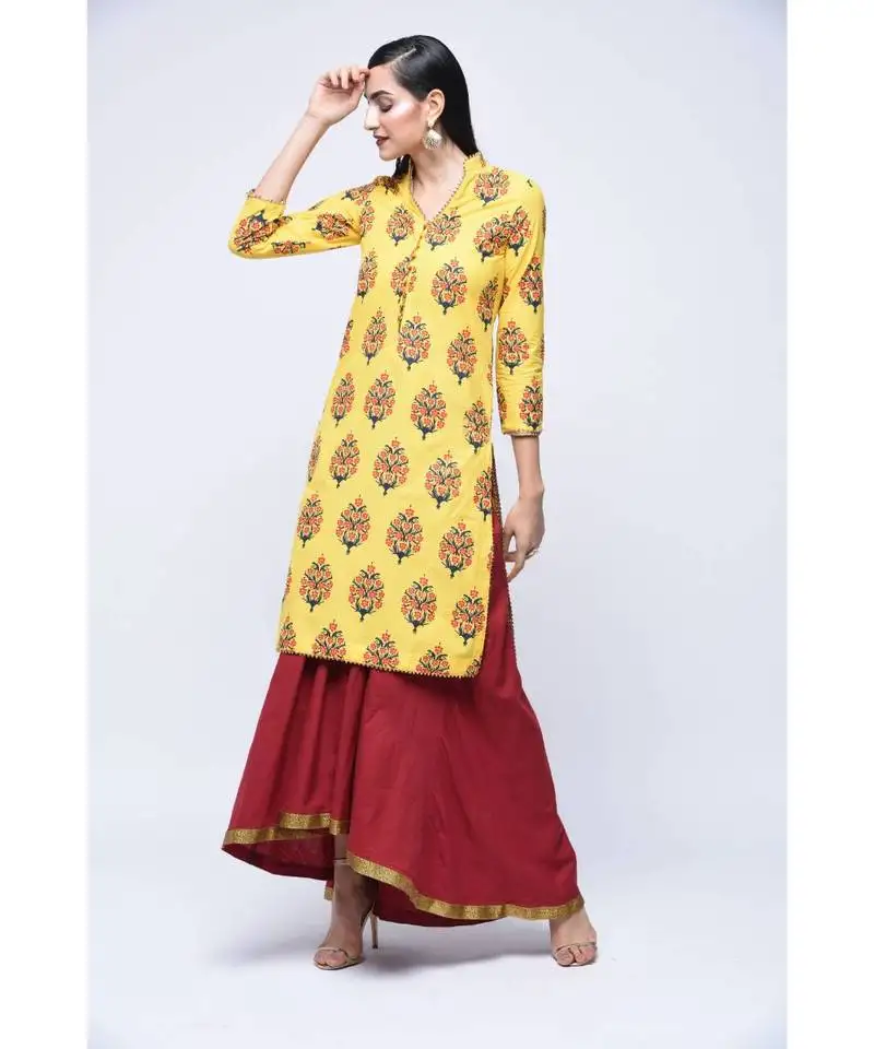 Yellow hand block print kurta set