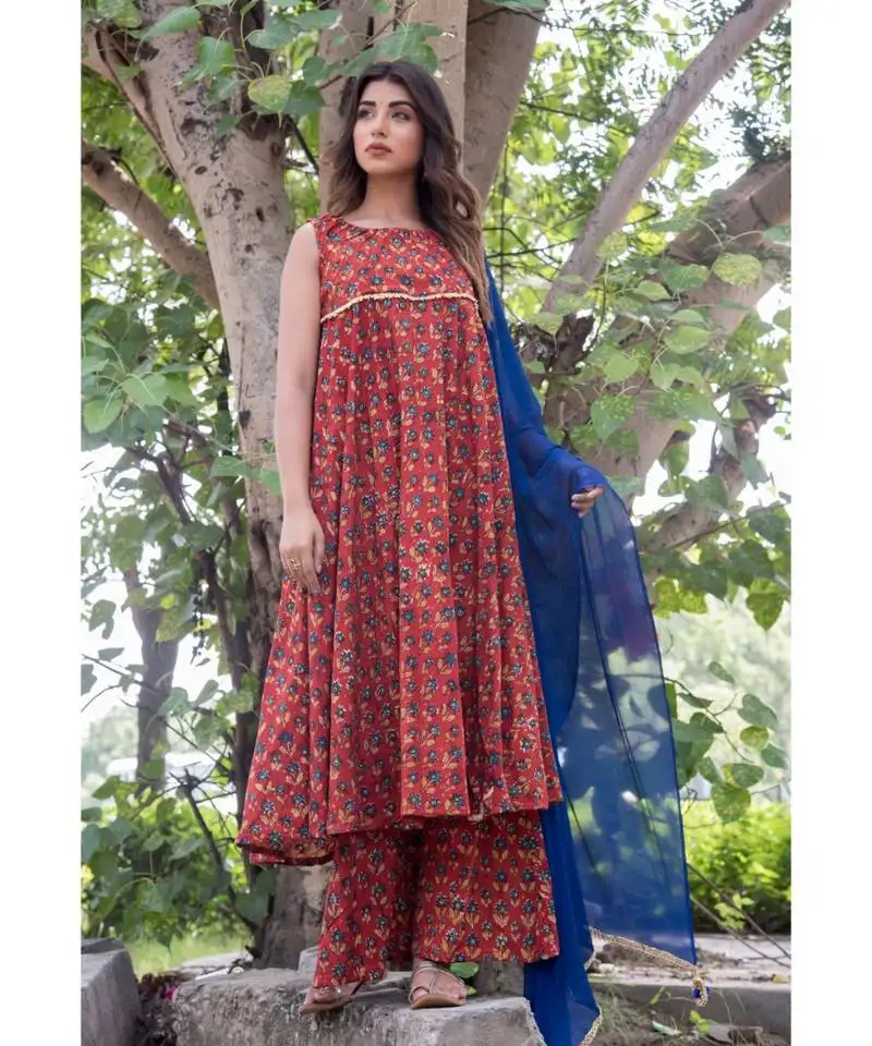 Red marron flared dress with palazzo with blue dupatta