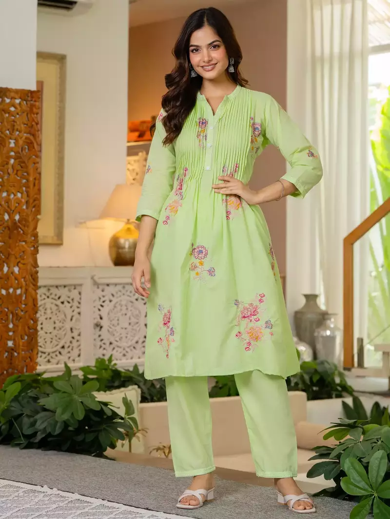 women floral embroidered pure cotton a-line kurta with trouser