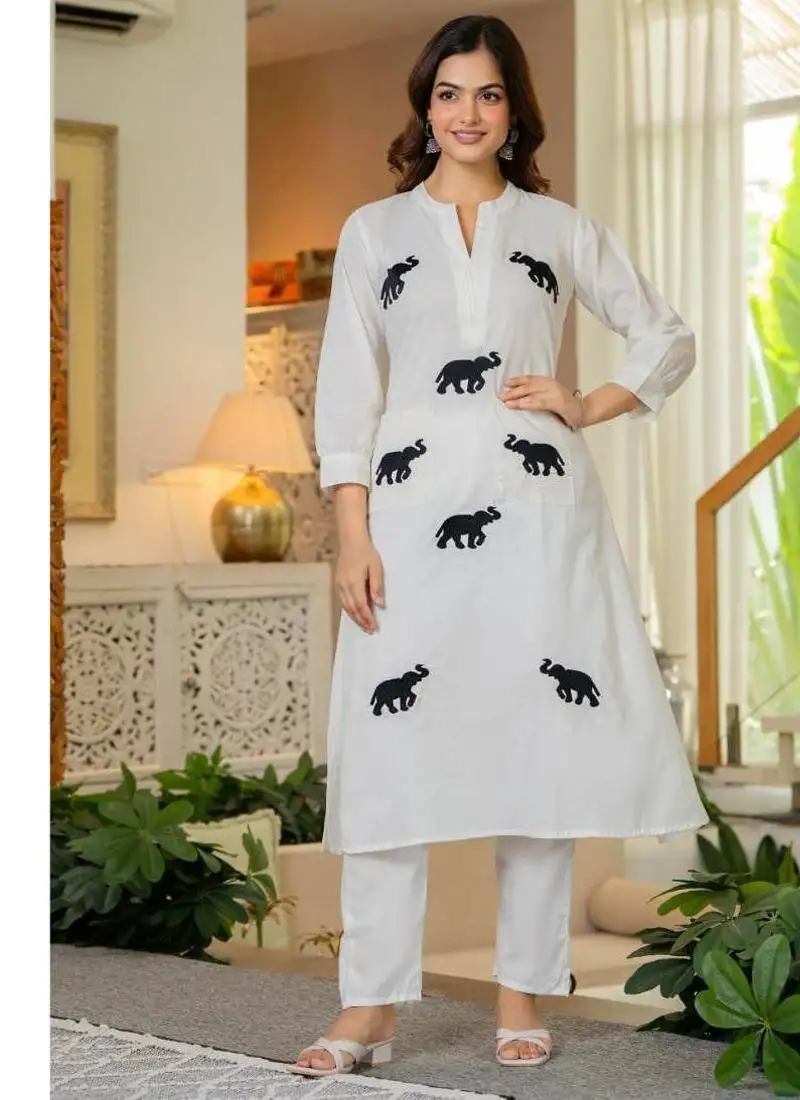 women embroidered pure cotton a-line kurta with trouser