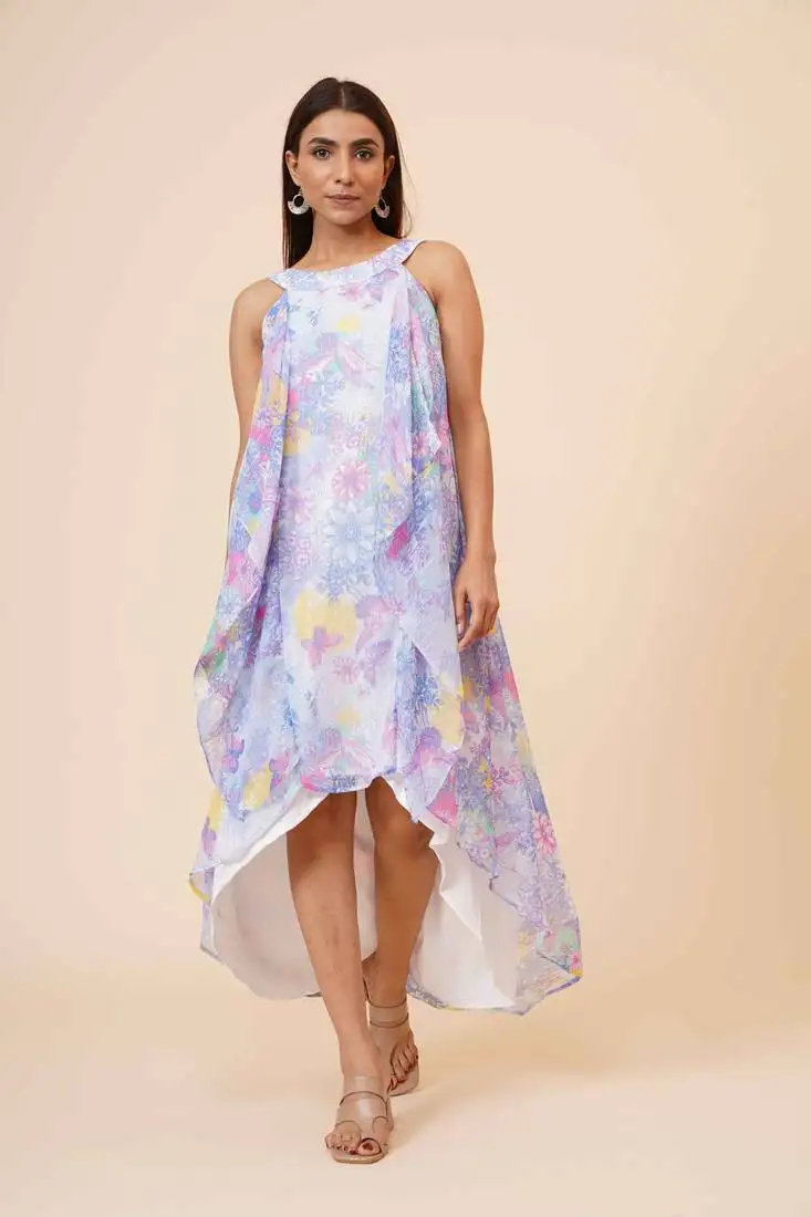 Women's halter neck ruffle drape floral printed georgette party:: evening dress in multicolor