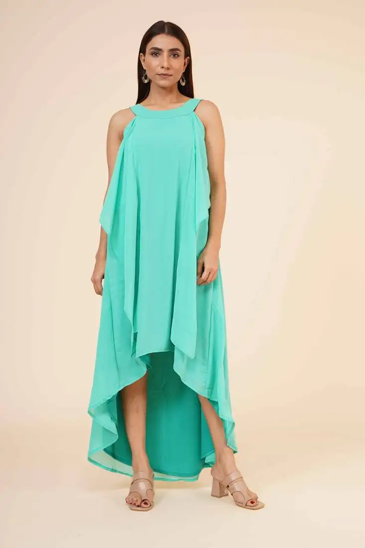 Women's halter neck ruffle drape georgette party:: evening gown in spring green