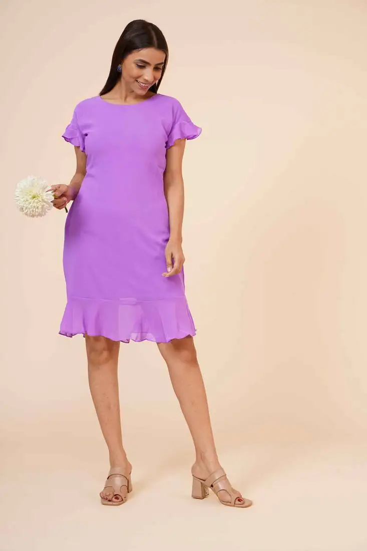 Women's half sleeves round - neck georgette midi casual dress mauve