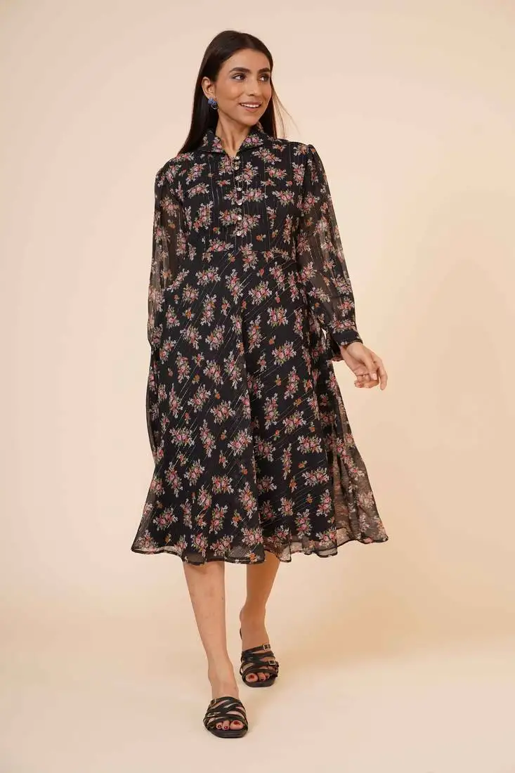 Women's printed black chiiffon casual midi dress