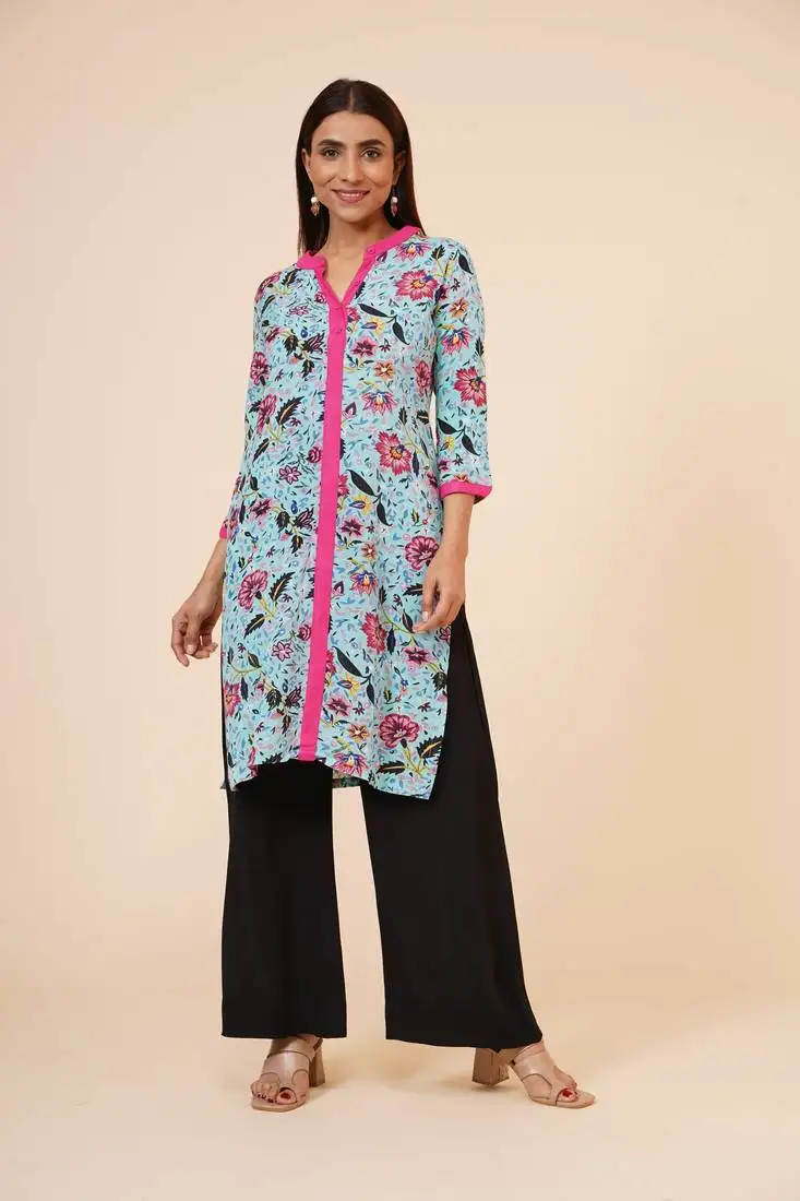 Women's indian kurti with buttoned placket and round mandarin collar
