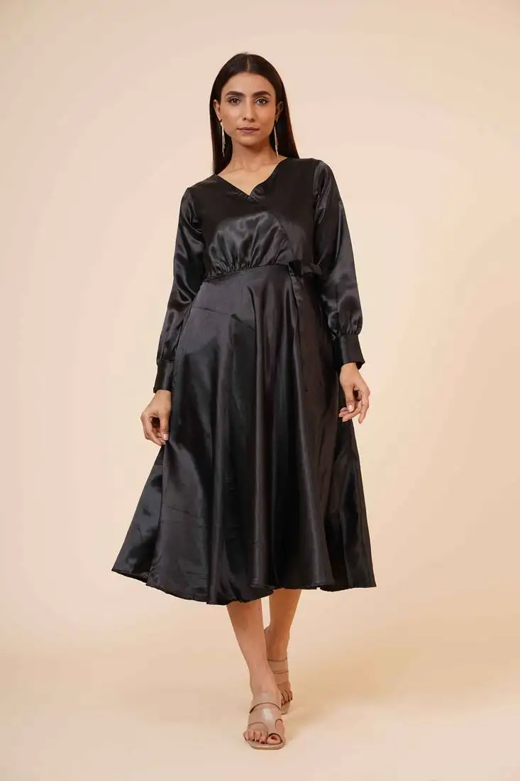 Women's empire line with cuff satin wrap dress black