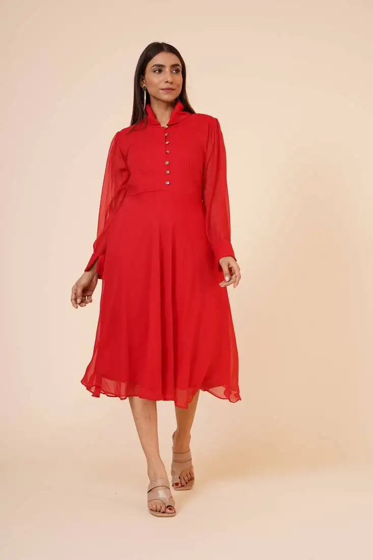 Women's red chiiffon casual midi dress